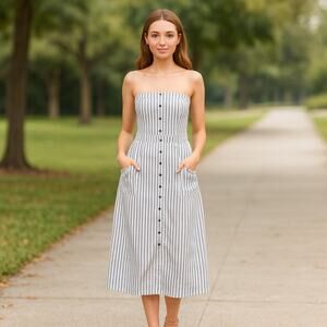 Strapless Pinstriped Dress Button Detail Midi